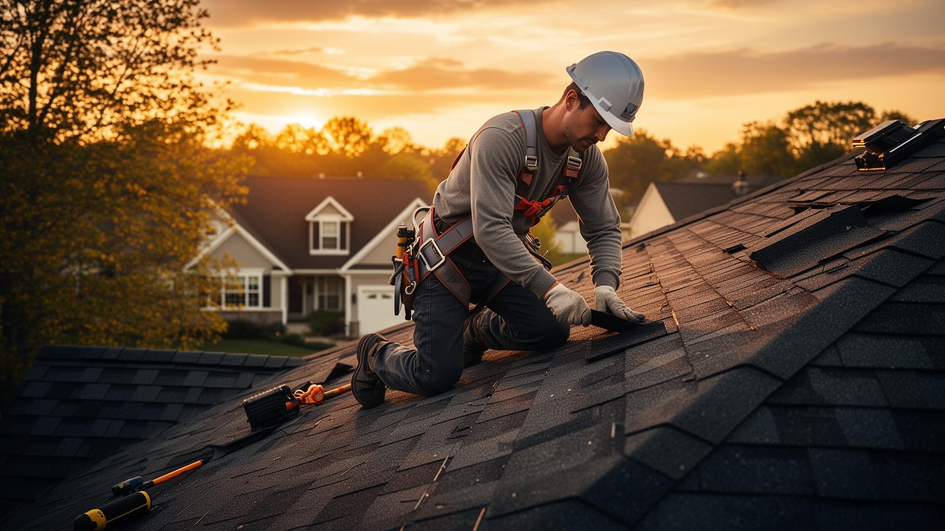 Professional roofing contractor installing shingles at sunset